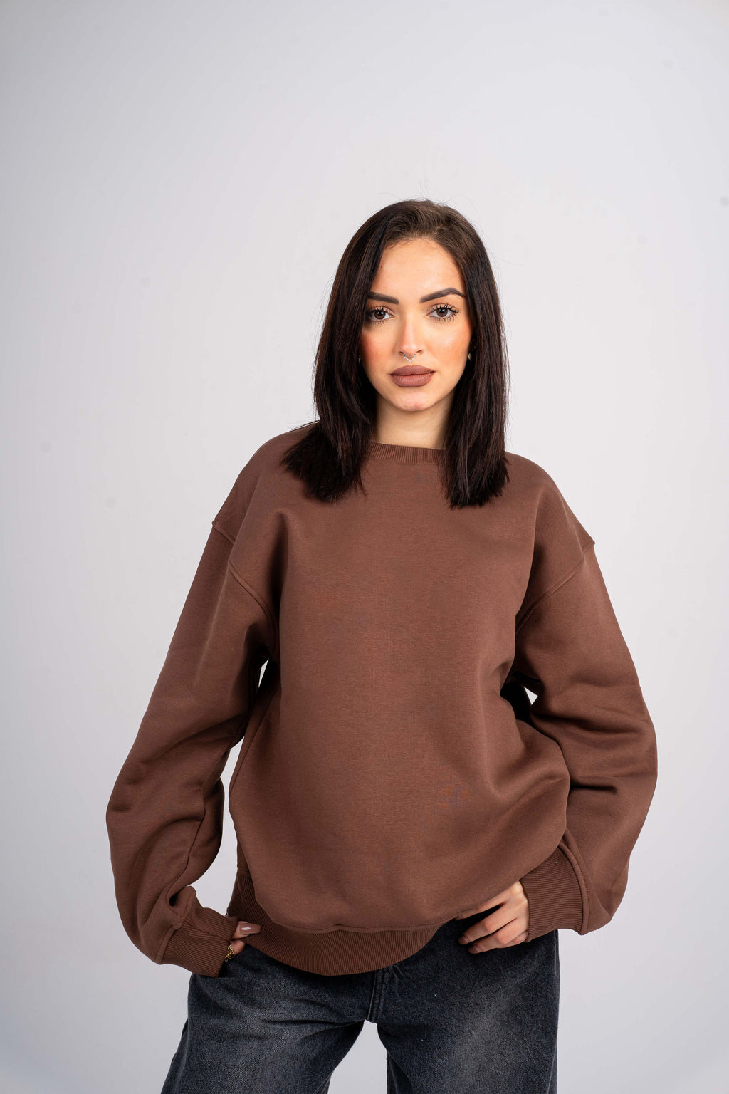 Plain Brown Oversized Crew Neck