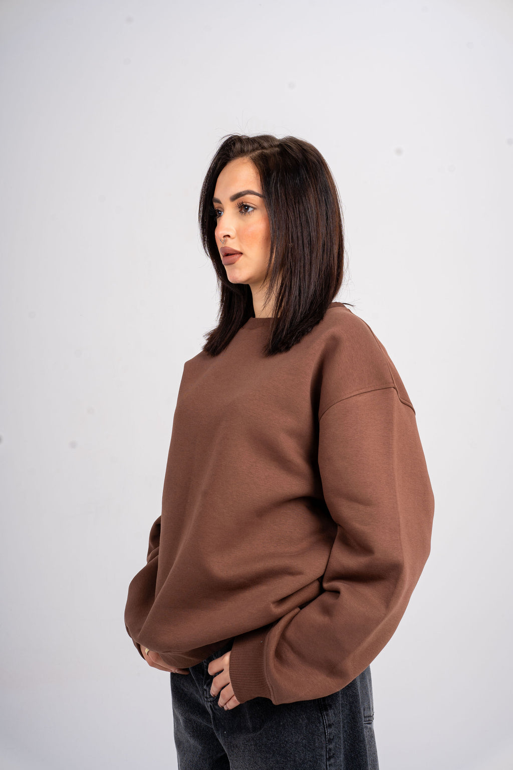 Plain Brown Oversized Crew Neck