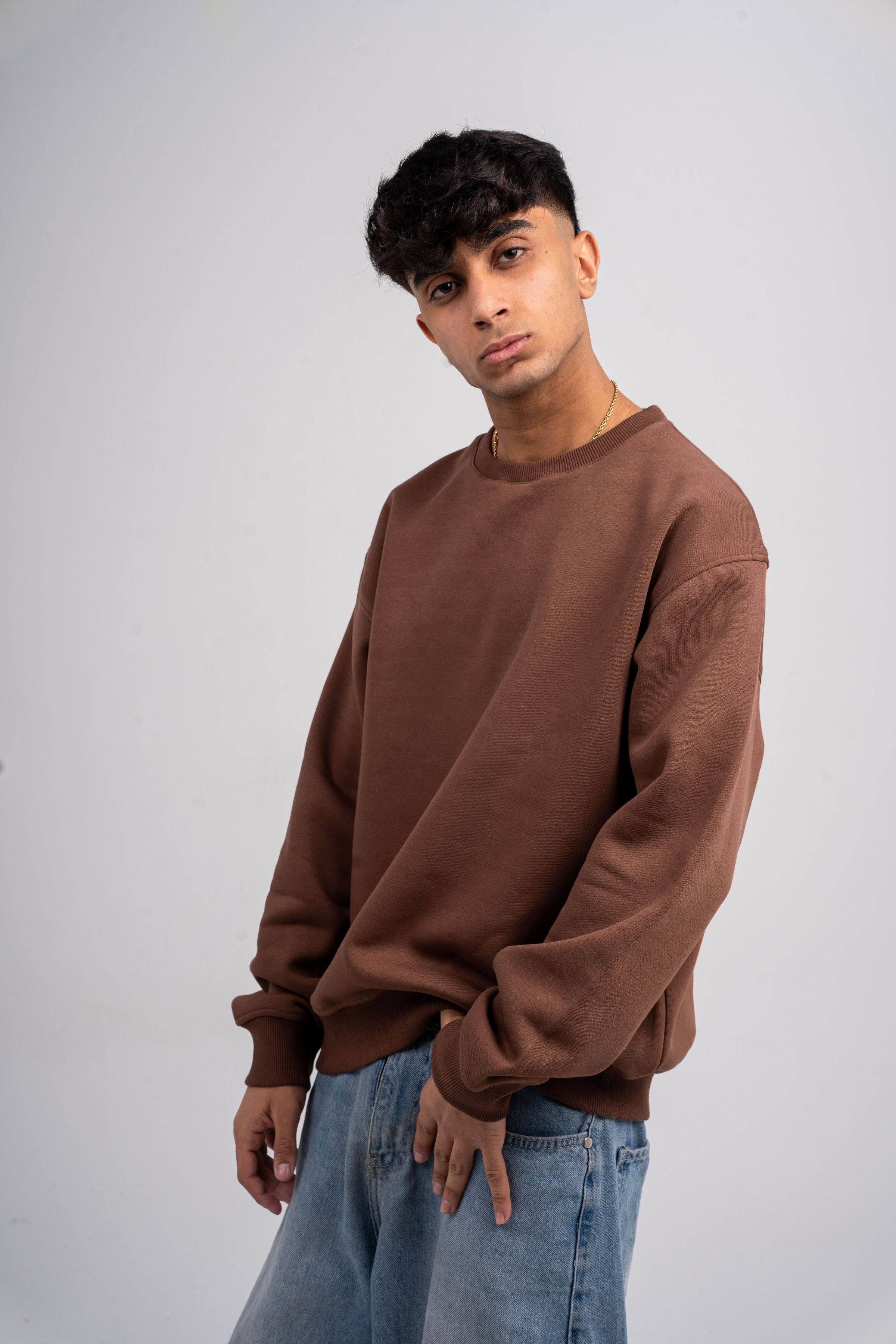 Plain Brown Oversized Crew Neck