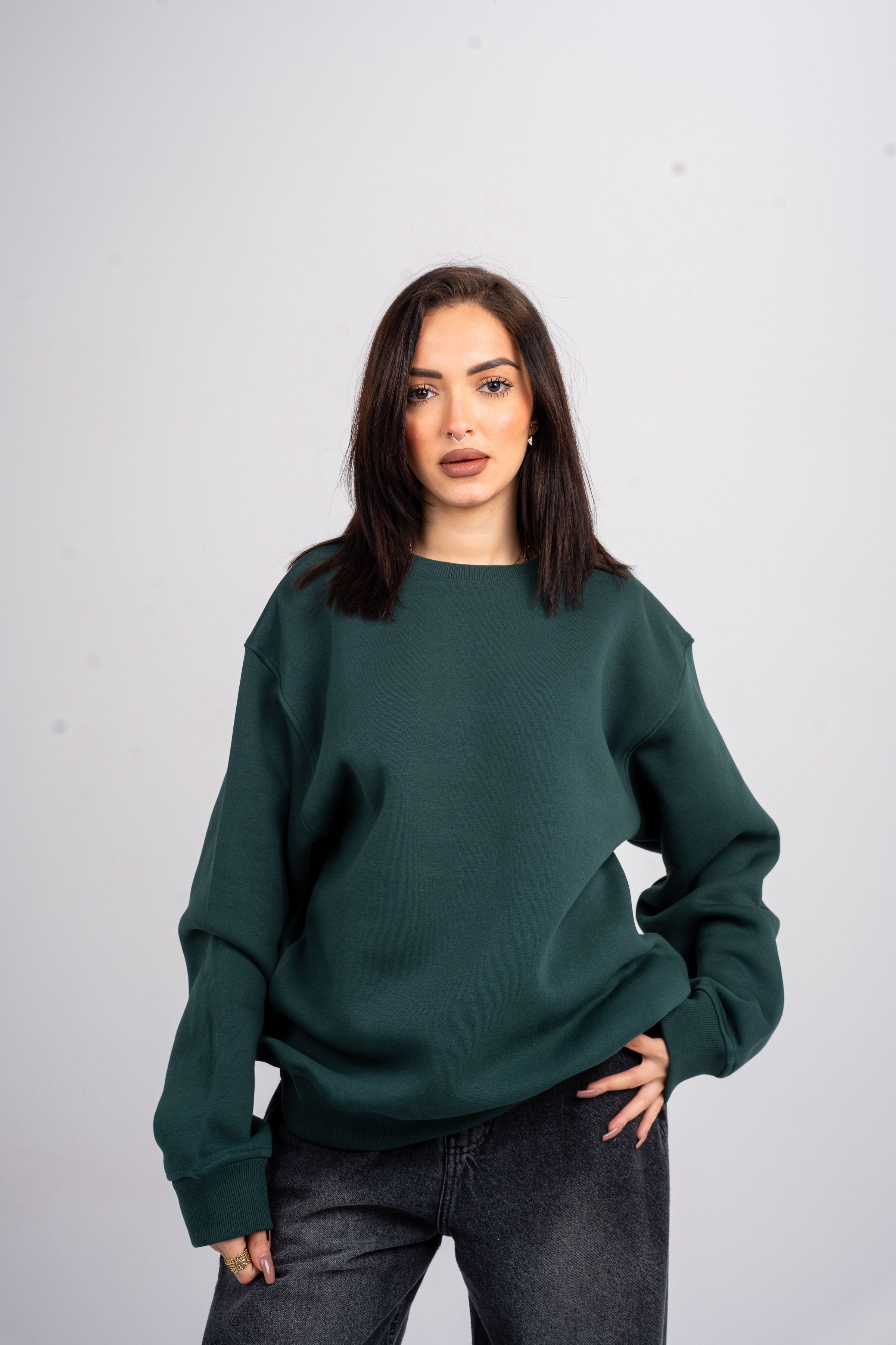 Plain Dark Green Oversized Crew Neck