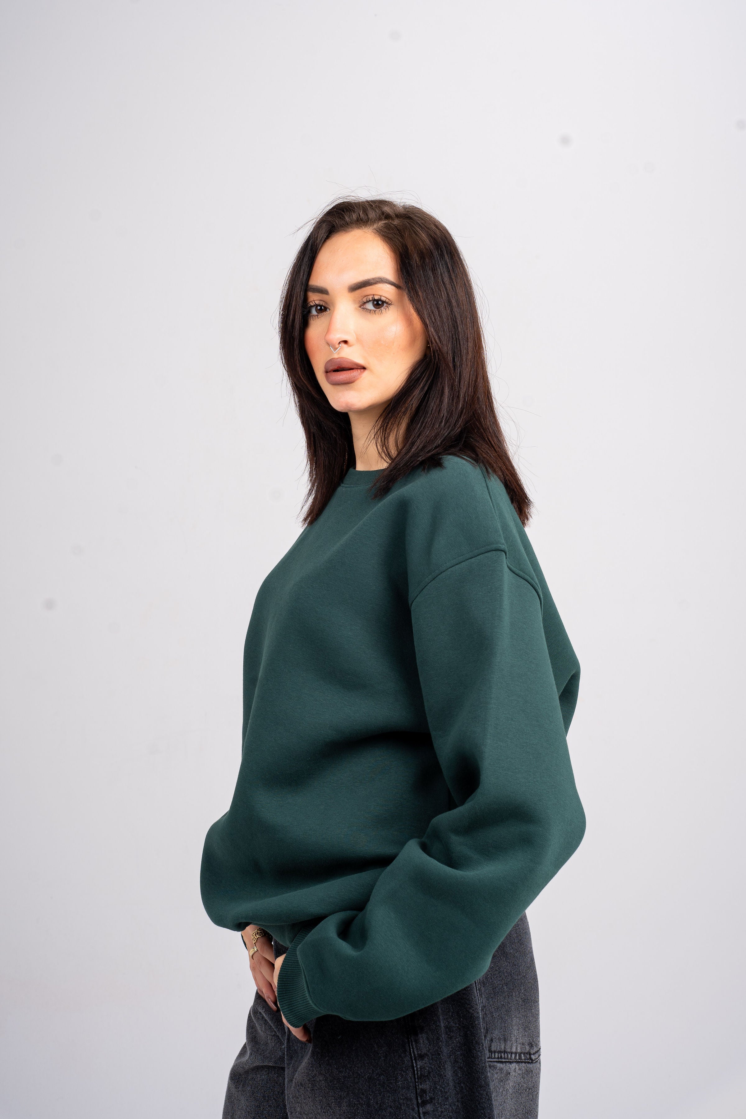 Plain Dark Green Oversized Crew Neck