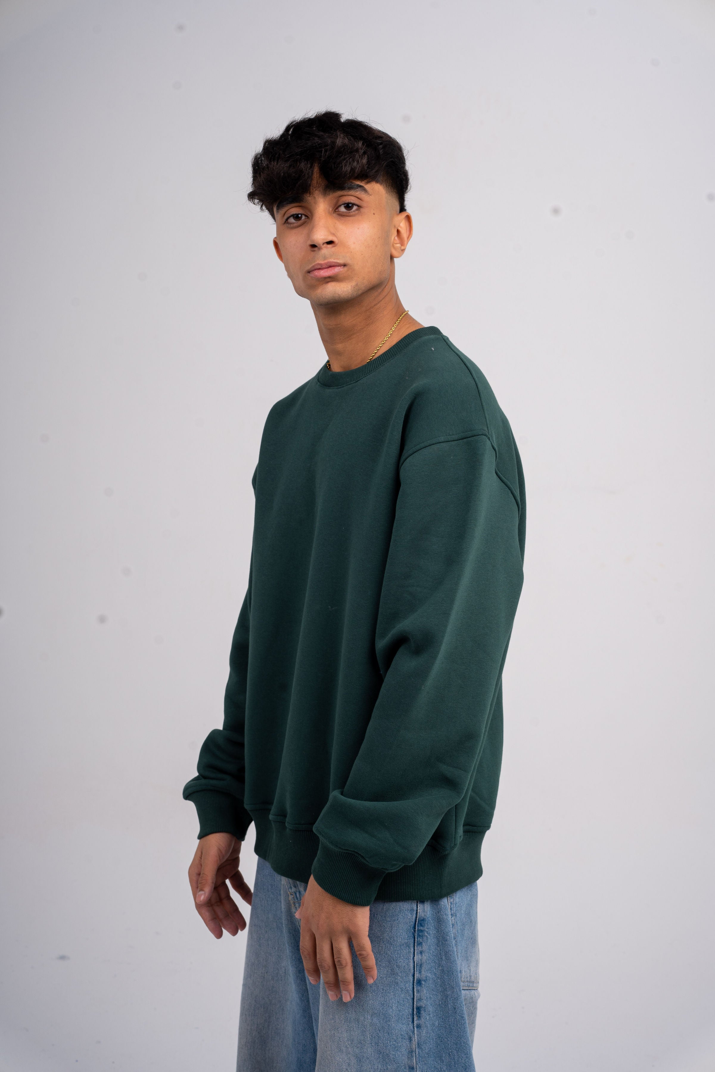 Plain Dark Green Oversized Crew Neck