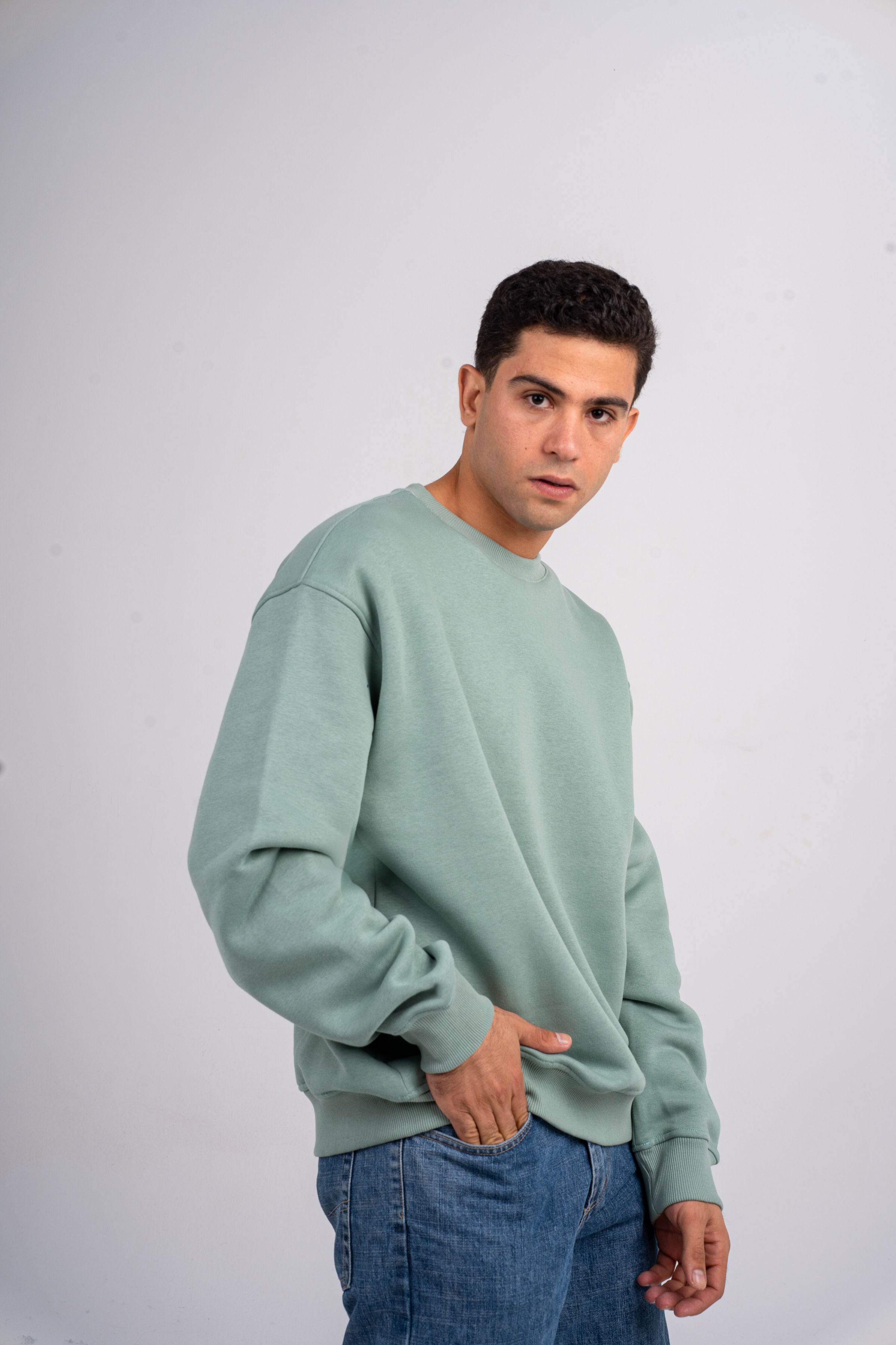 Plain  Mint Green Oversized Crew Neck